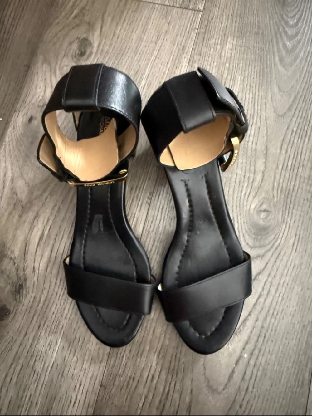 Michael Kors Black Ankle Strap Sandals with Gold Buckle